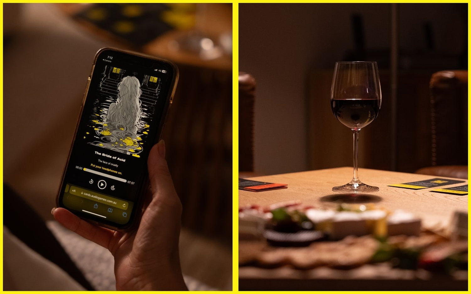Close-up of The Collector’s cards beside wine and an open story booklet — signalling the start of a cinematic audio-led conversation game for adults.