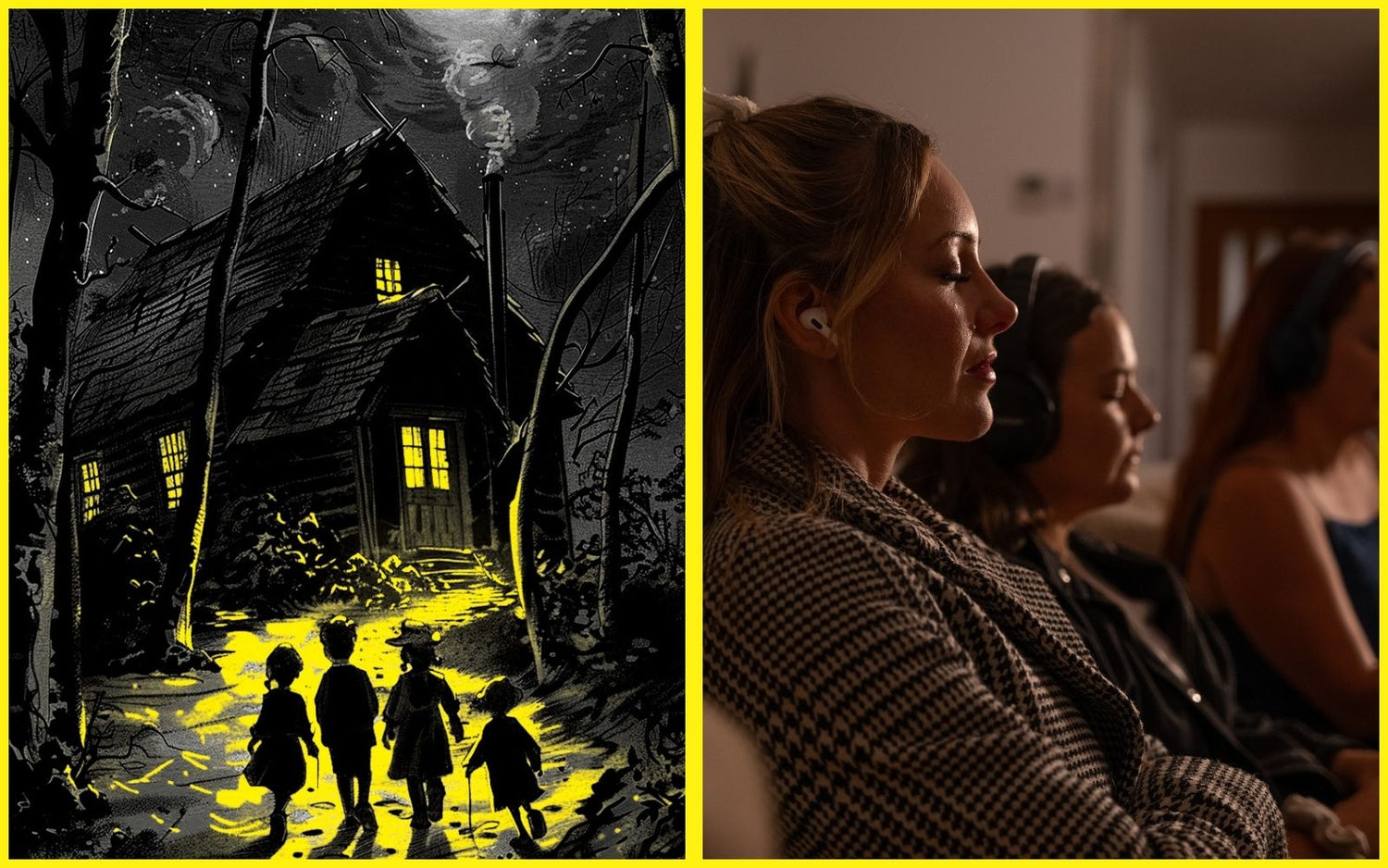 A group sits in silence, fully immersed in a dark, cinematic audio story — a key moment in The Collector’s Stories experience.