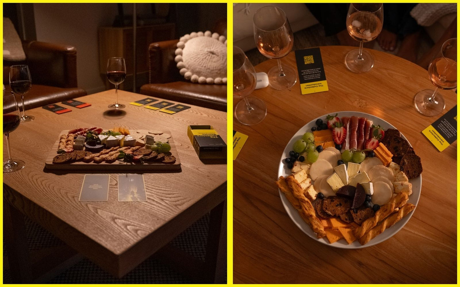 Friends gathered in a softly lit space, drinks nearby, ready to begin the immersive audio that kicks off this unique conversation card game.