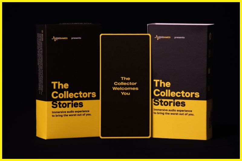 Product shot: The Collector’s Stories box and cards in bold yellow and black — a storytelling card game for adults.