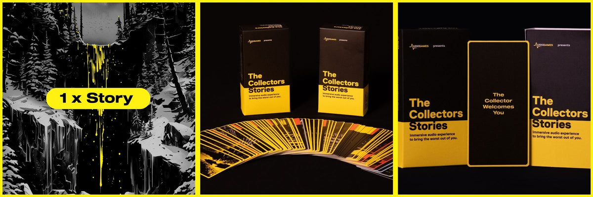 1  immersive audio stories laid out with packaging and Collector character card, Custom-designed card layout from The Collector’s Stories immersive game for adults - Cards, immersive audio, and packaging from The Collector’s Stories experience