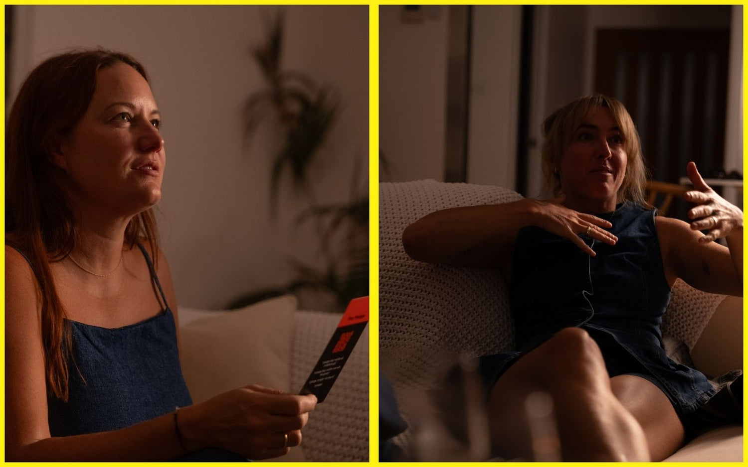 Players holding question cards, engaging in a raw, emotionally honest conversation — the heart of this storytelling game for emotional connection.
