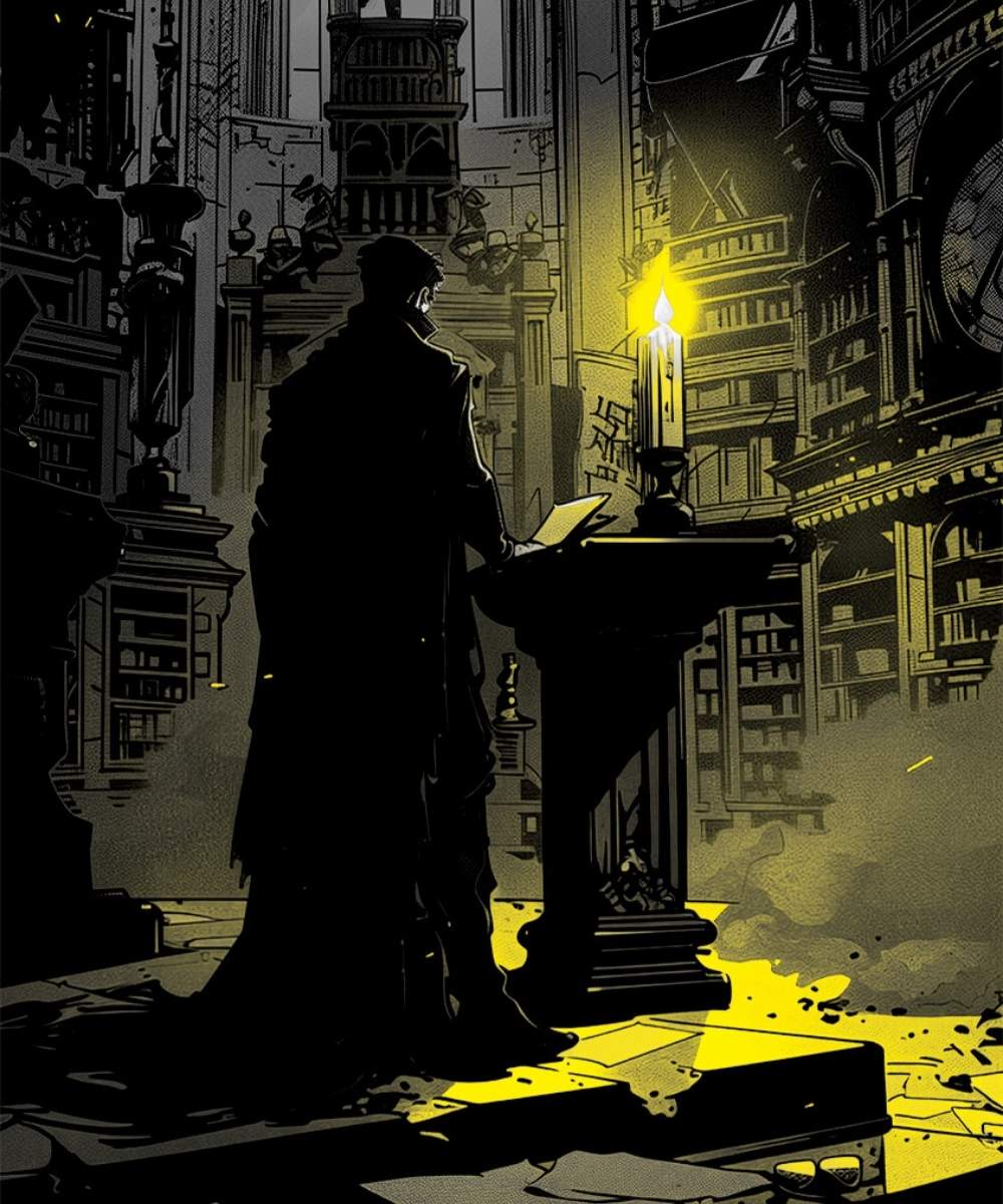 A lone figure prepares a storytelling ritual by candlelight in a gothic library – evoking immersive game night atmosphere.