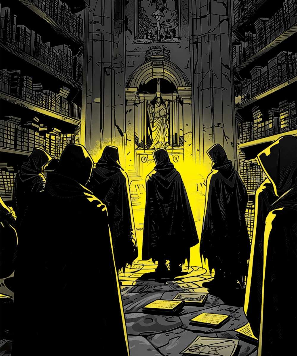 A group of hooded figures gathered around a glowing statue in an ancient library – part of The Collector’s Universe.