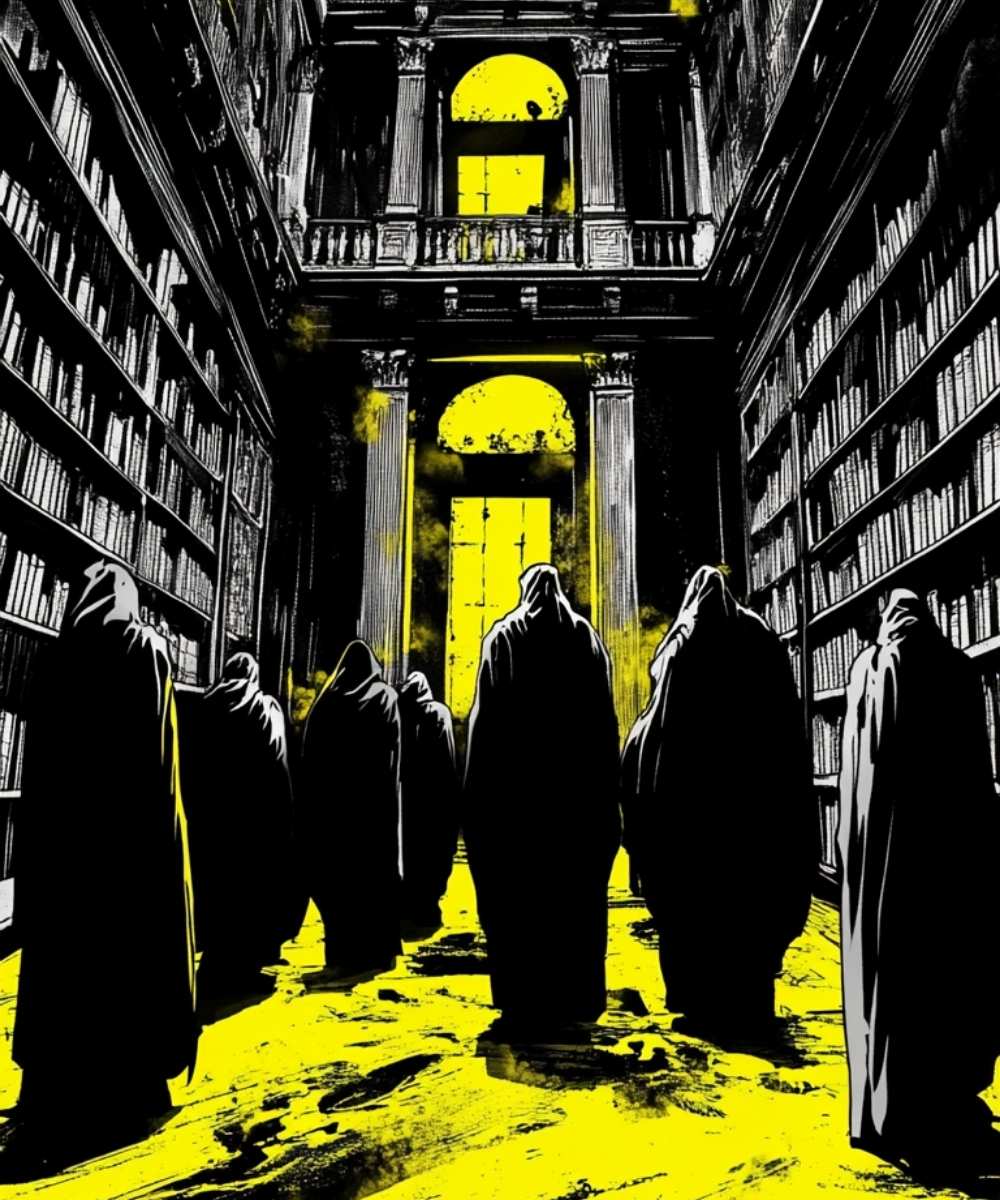 Hooded characters walk through a vast archive, symbolising the emotional depth of this storytelling card game for adults.